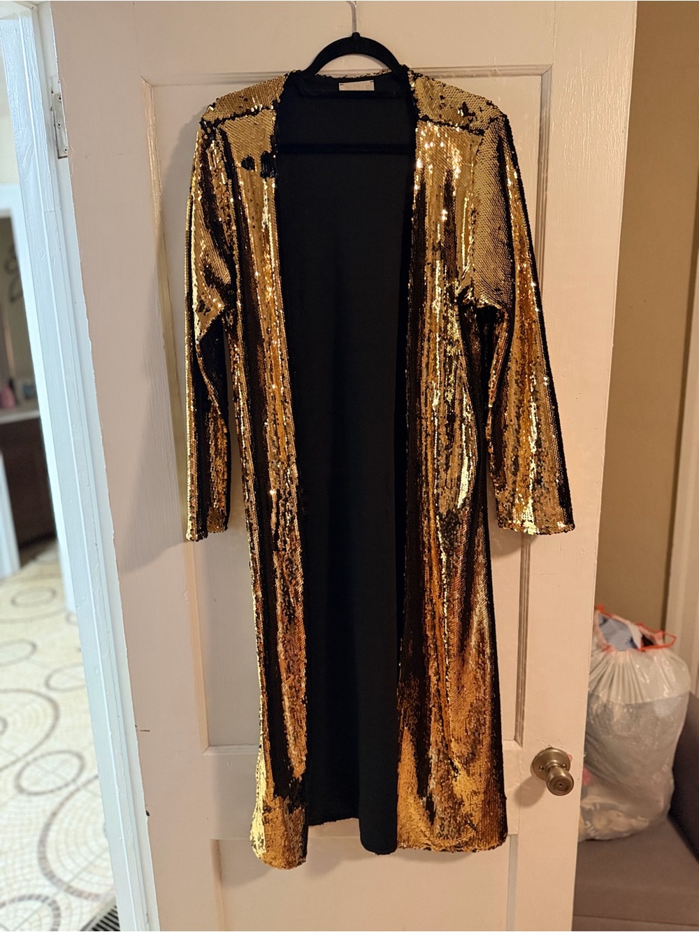BlankNYC Gold Sequin Duster Cardigan | Long Open Front | Size Small